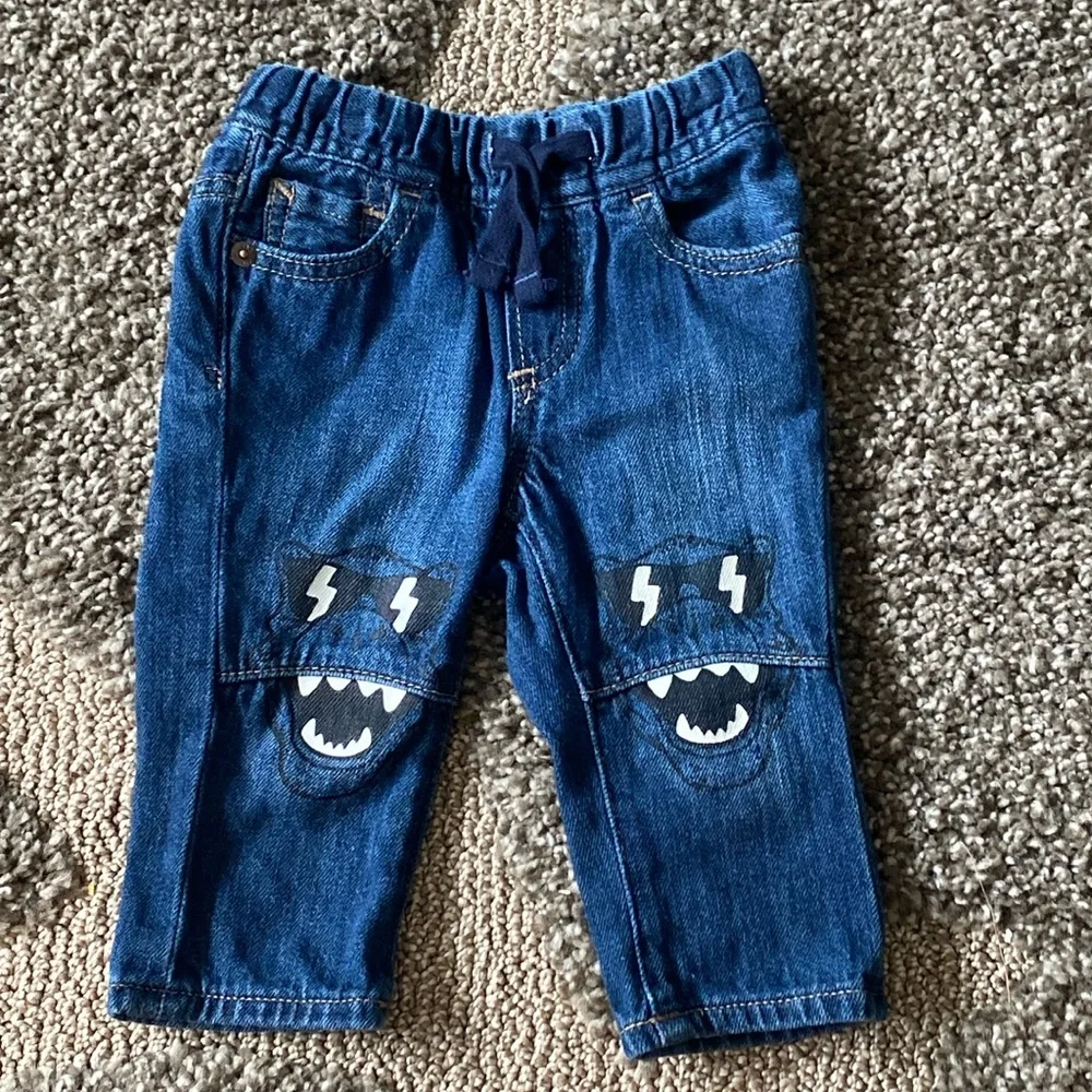 babyGap Baby Boy Dark Wash Slim Denim Blue Jeans Dinosaur Knees 6-12 Months